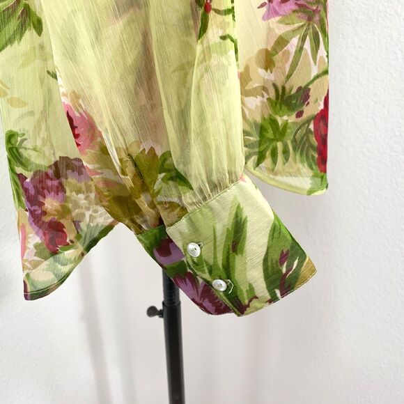 Soft Surrounding Chartreuse Floral Blouse XL Button Front Long Sleeves V-Neck - Picture 10 of 13